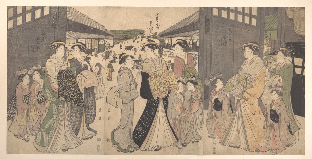 Oiran en haar gevolg bij de Ō Mon, oftewel de Grote Poort van Yoshiwara door Chobunsai Eishi