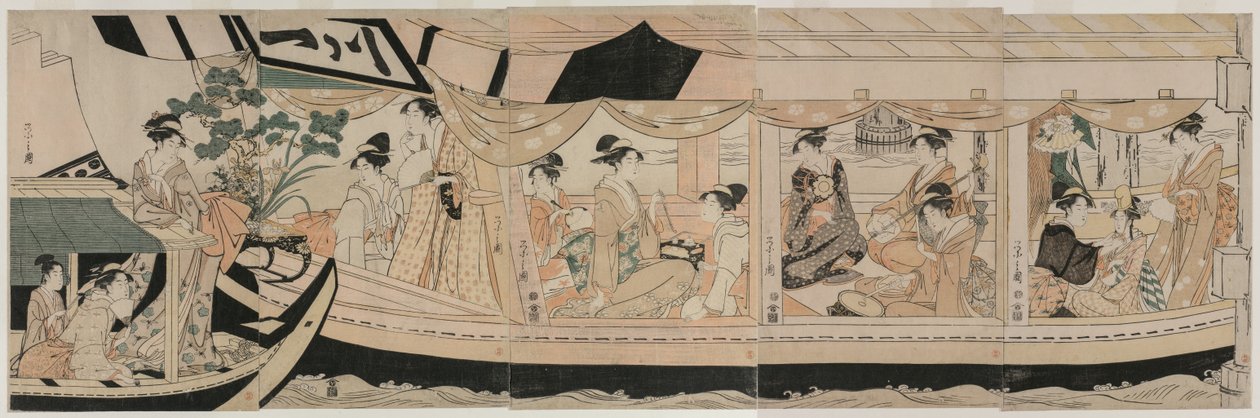 Feest op de plezierboot Kawaichimaru door Chobunsai Eishi