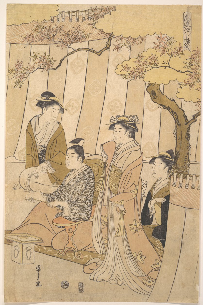 Prins Genji en drie jonge vrouwen door Chobunsai Eishi