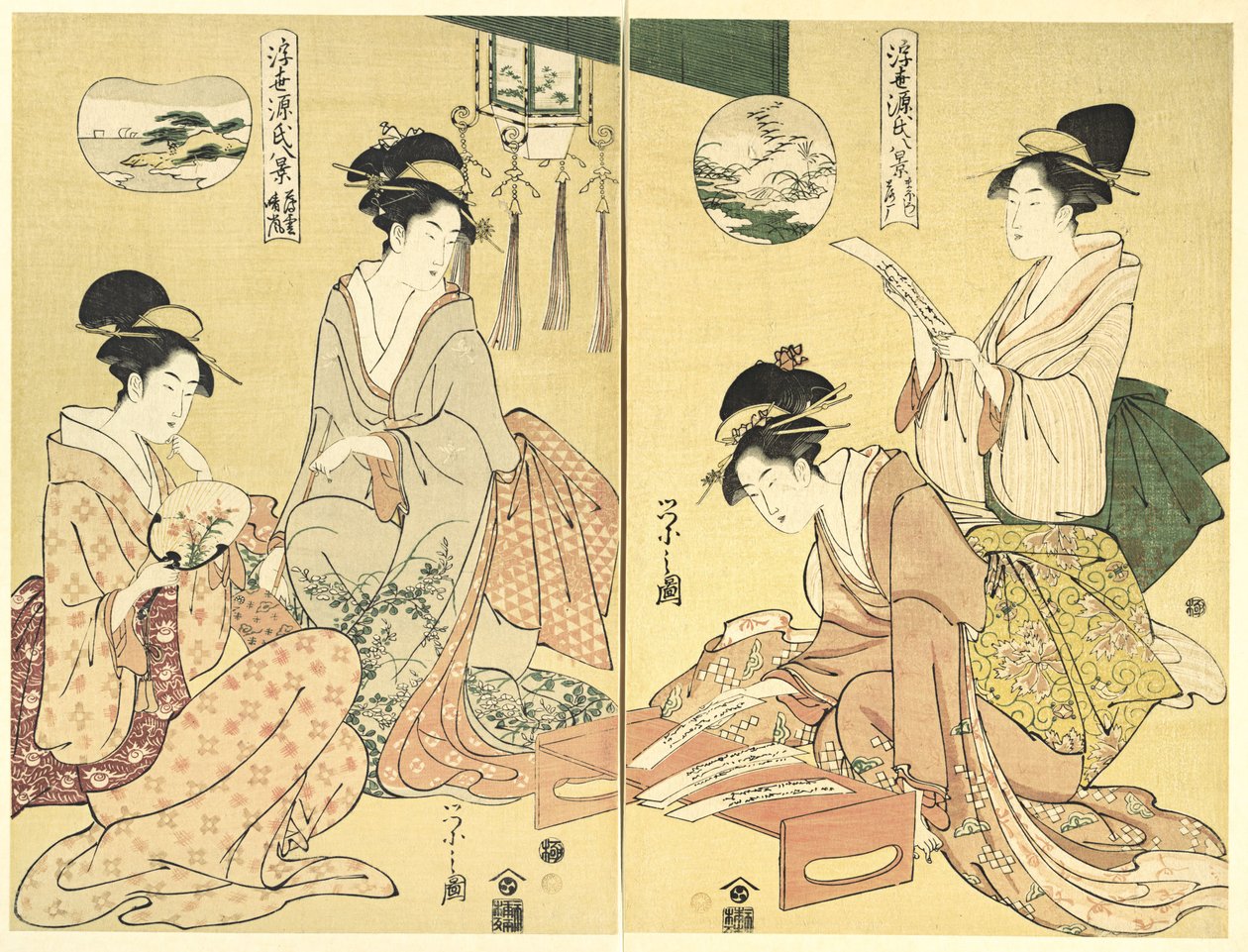 Geestenbezweerder; wilde ganzen keren naar huis terug (Maboroshi; Rakugan) (rechts) en een dunne sluier van wolken; opklarend weer (Usugumo; Seiran) (links), uit de serie Acht gezichten op Het verhaal van Genji in de vlietende wereld (Ukiyo Genji hakkei) door Chobunsai Eishi