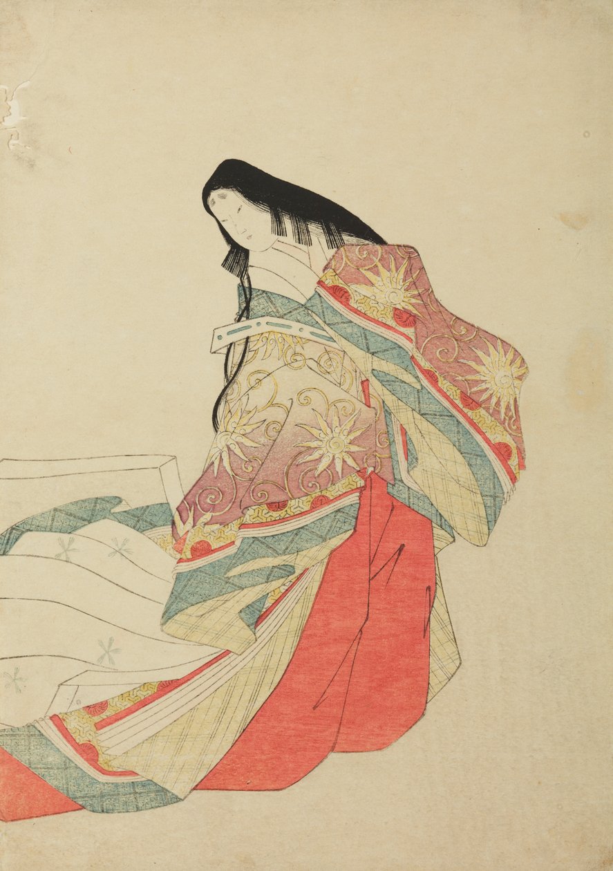 Staande hofdame, plaat uit het album: Zesendertig dichteressen / Nishiki-zuri onna sanju rokkasen e-zukushi door Chobunsai Eishi
