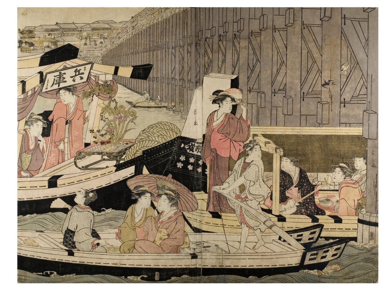 Scène op de Sumida-rivier (van een pentaptych) door Chobunsai Eishi