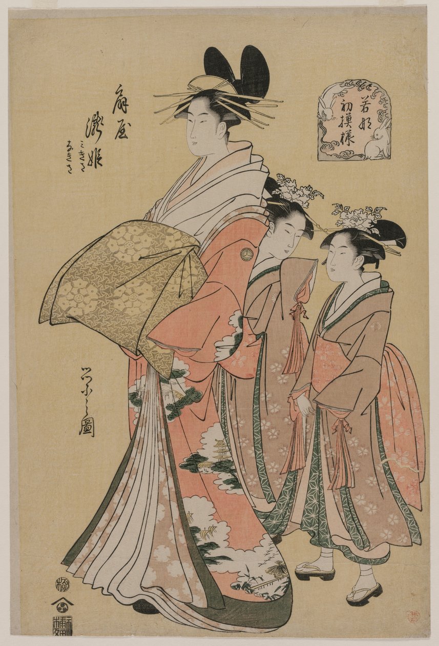 De courtisane Takihime en bedienden uit de serie Nieuwe patronen van jonge groenen, 1795 door Chobunsai Eishi