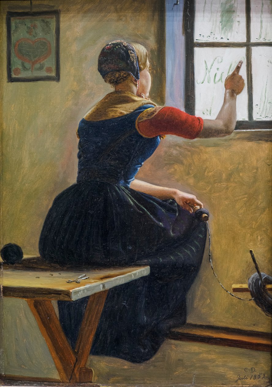 Een jong boerenmeisje uit Jutland schrijft de naam van haar vriendin op een beslagen ruit door Christen Dalsgaard