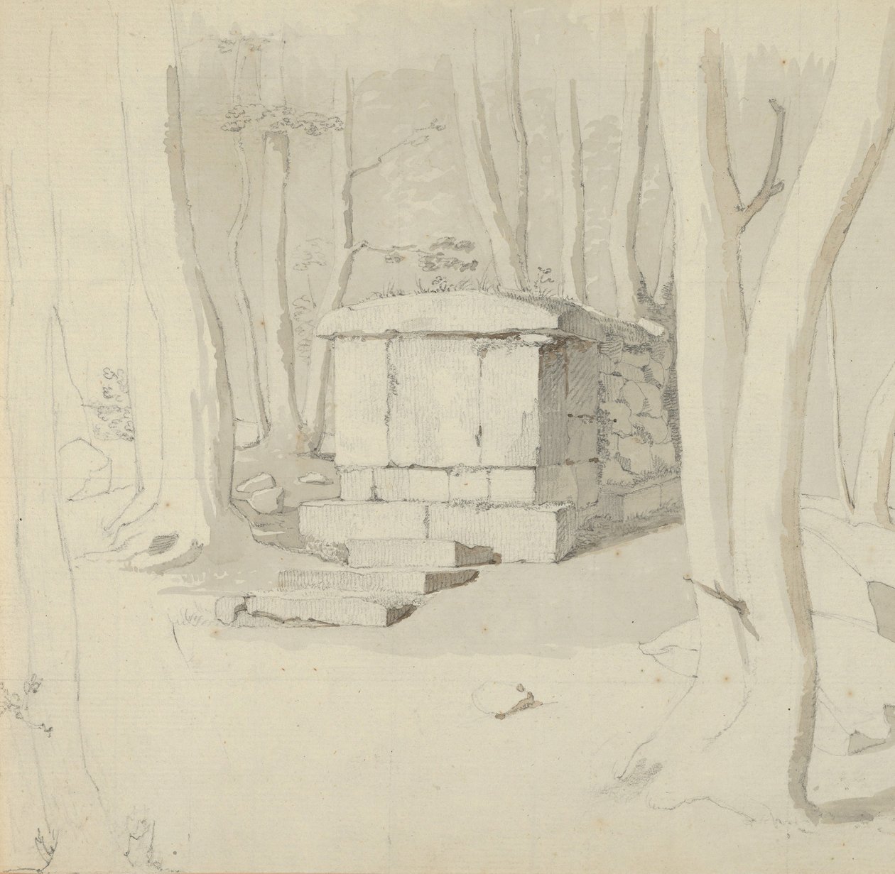 Een stenen graf in een bos, verso: Studie van een bloem, 1830 door Christen Købke