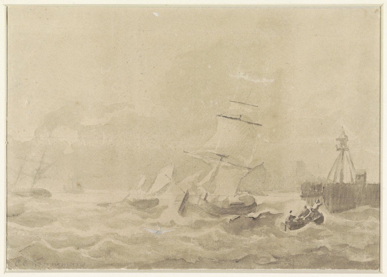 Woelige zee met zeilschepen door Christiaan Cornelis Kannemans