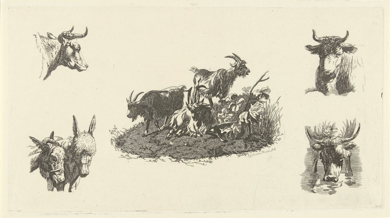 Drie geiten met aan weerzijden koeienkoppen en ezelskoppen door Christiaan Godfried Schutze van Houten