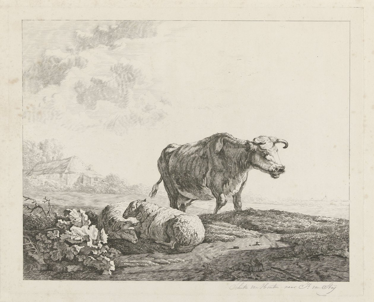 Landschap met een koe en twee schapen door Christiaan Godfried Schutze van Houten