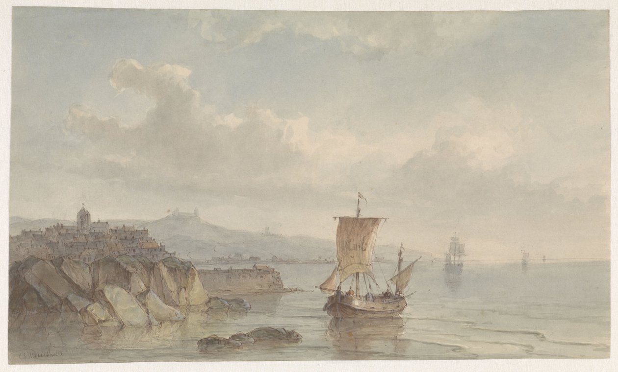 Kustlandschap met haven en schepen op het water door Christiaan Lodewijk Willem Dreibholtz