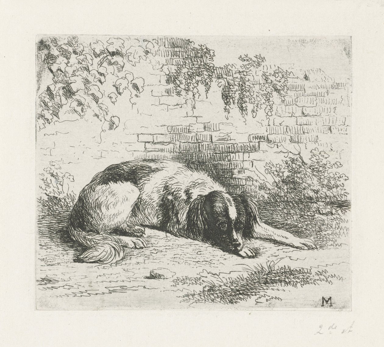 Liggende hond voor een muurtje door Christiaan Wilhelmus Moorrees