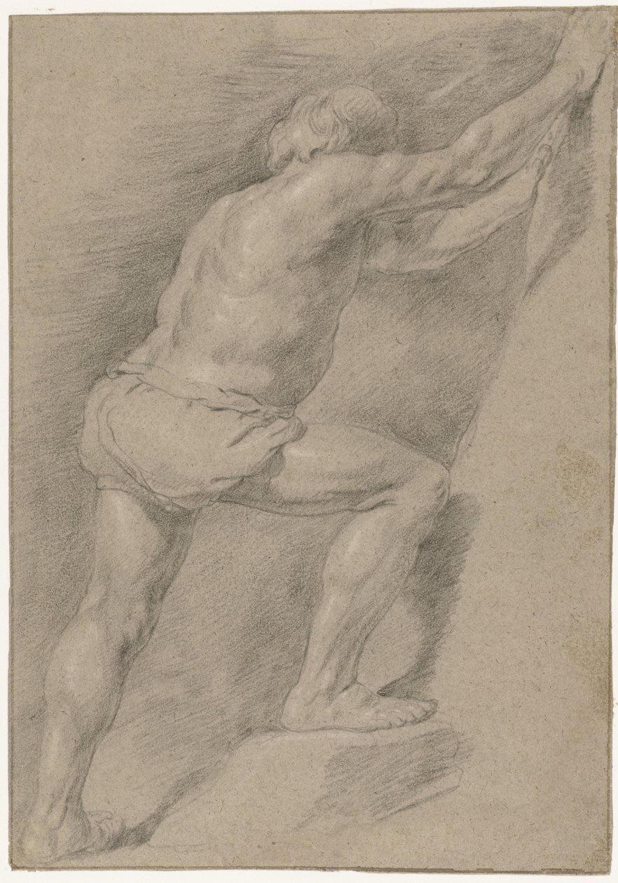 Studie van een naakte man met opgeheven been door Christiaen Gillisz. van Couwenberg (attributed to)