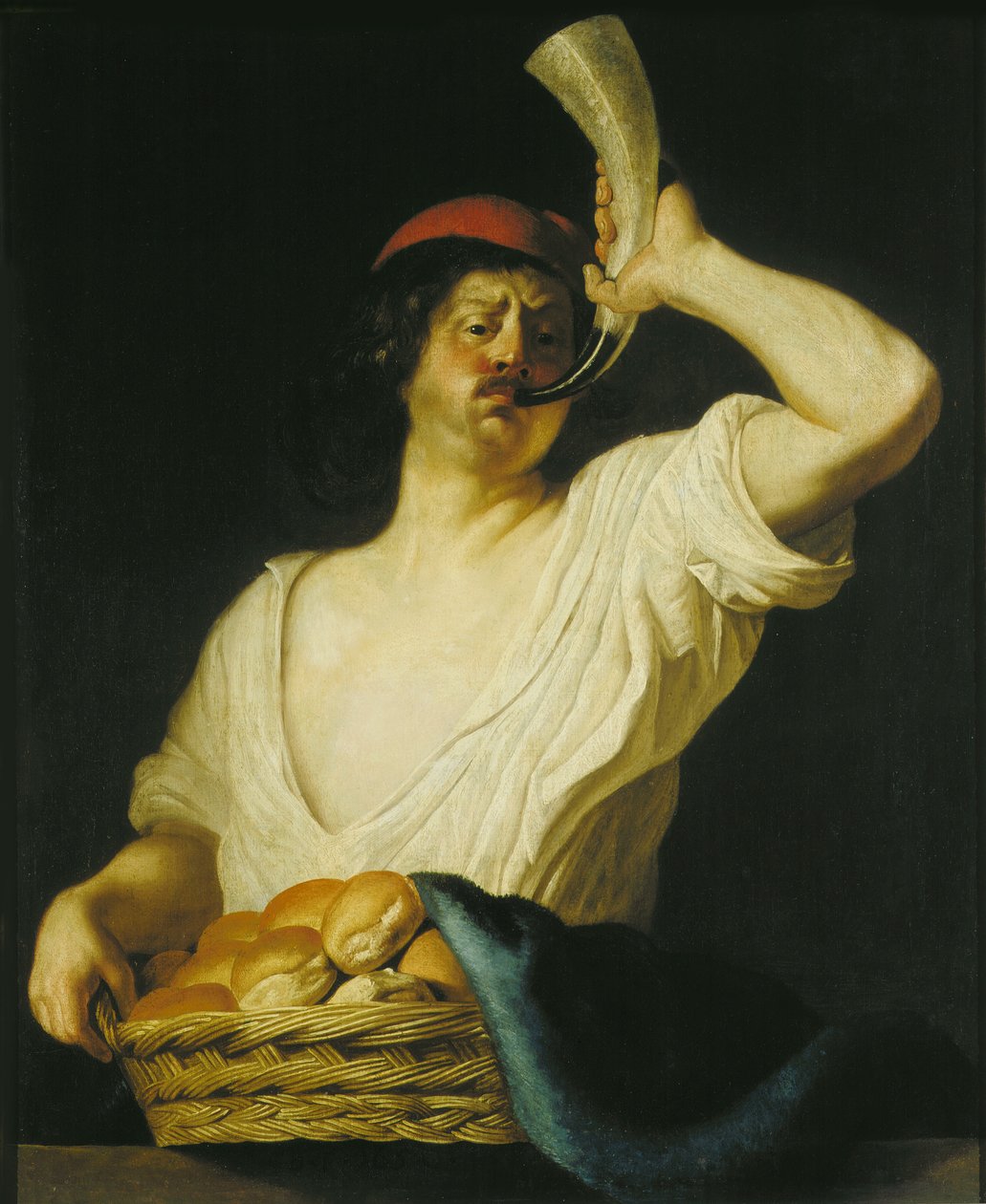 Een bakker die op zijn hoorn blaast door Christiaen van Couwenbergh