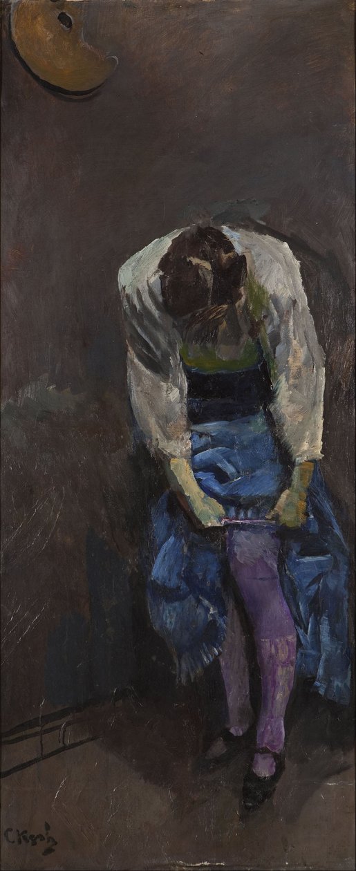 Meisje dat haar kousenband vastmaakt door Christian Krohg