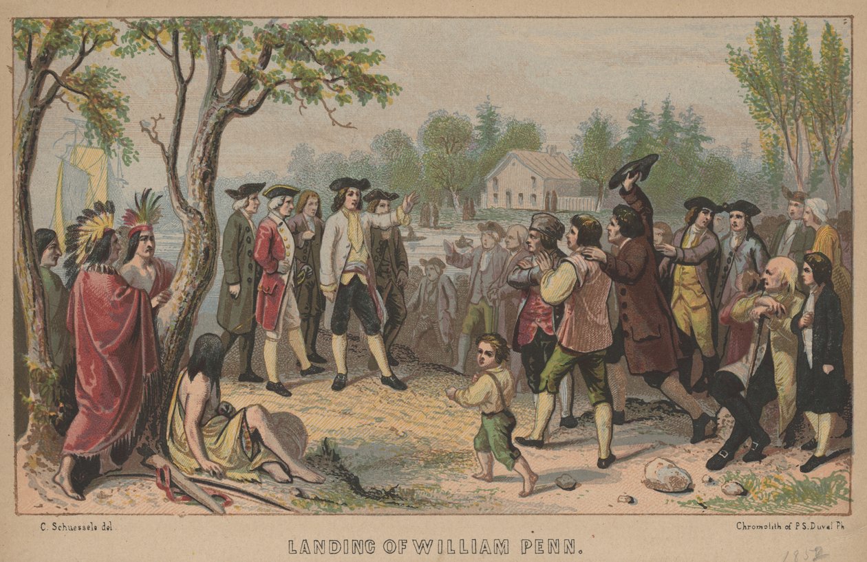 Landing van William Penn, litho door P.S. Duval, 1852 door Christian Schuessele