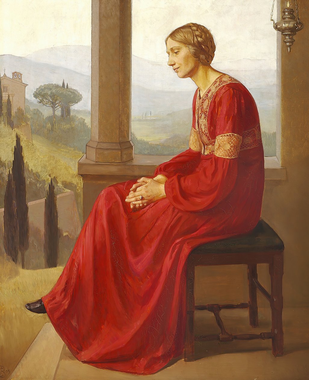 Een vrouw in een rode jurk zittend op een terras in een Italiaans landschap door Christian Bang