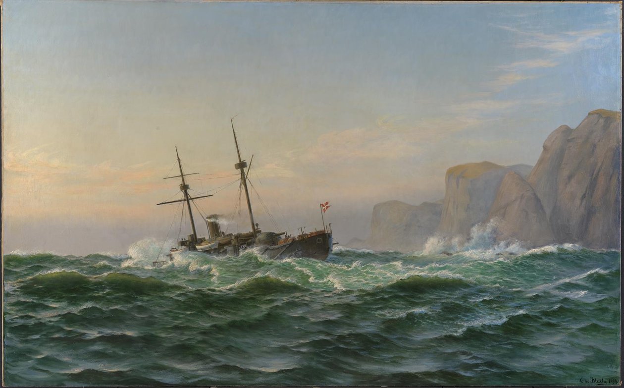 Pantserfregat "Iver Hvitfeldt" passeert Forbjerget Stat op weg naar Trondheim in de zomer van 1893 door Christian Blache