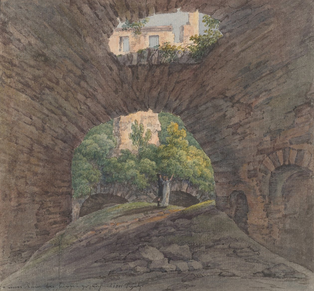 Een Jong Stel dat Ruïnes Bekijkt bij Bingen, 1801 door Christian Georg Schutz
