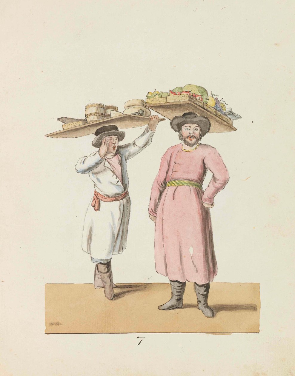 Fruithandelaar en boer die kaas en haring verkopen Uit de serie De St. Petersburg..., 1799 door Christian Gottfried Heinrich Geissler
