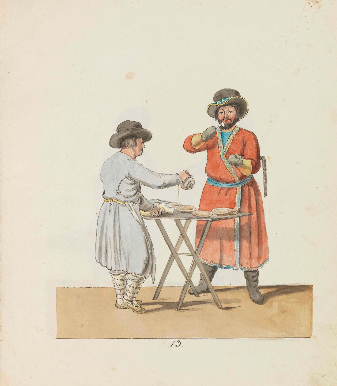 Kisselverkoper en landgoedkoetsier uit de serie De straatventers van Sint-Petersburg, 1799 door Christian Gottfried Heinrich Geissler