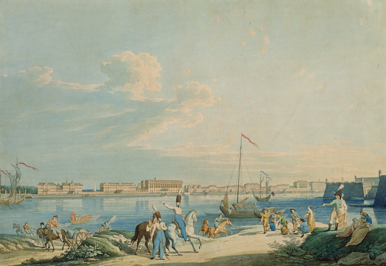 Uitzicht op het Marmeren Paleis en de noordzijde van de Peter en Paul Vesting, St. Petersburg (gravure) door Christian Gottlob Hammer