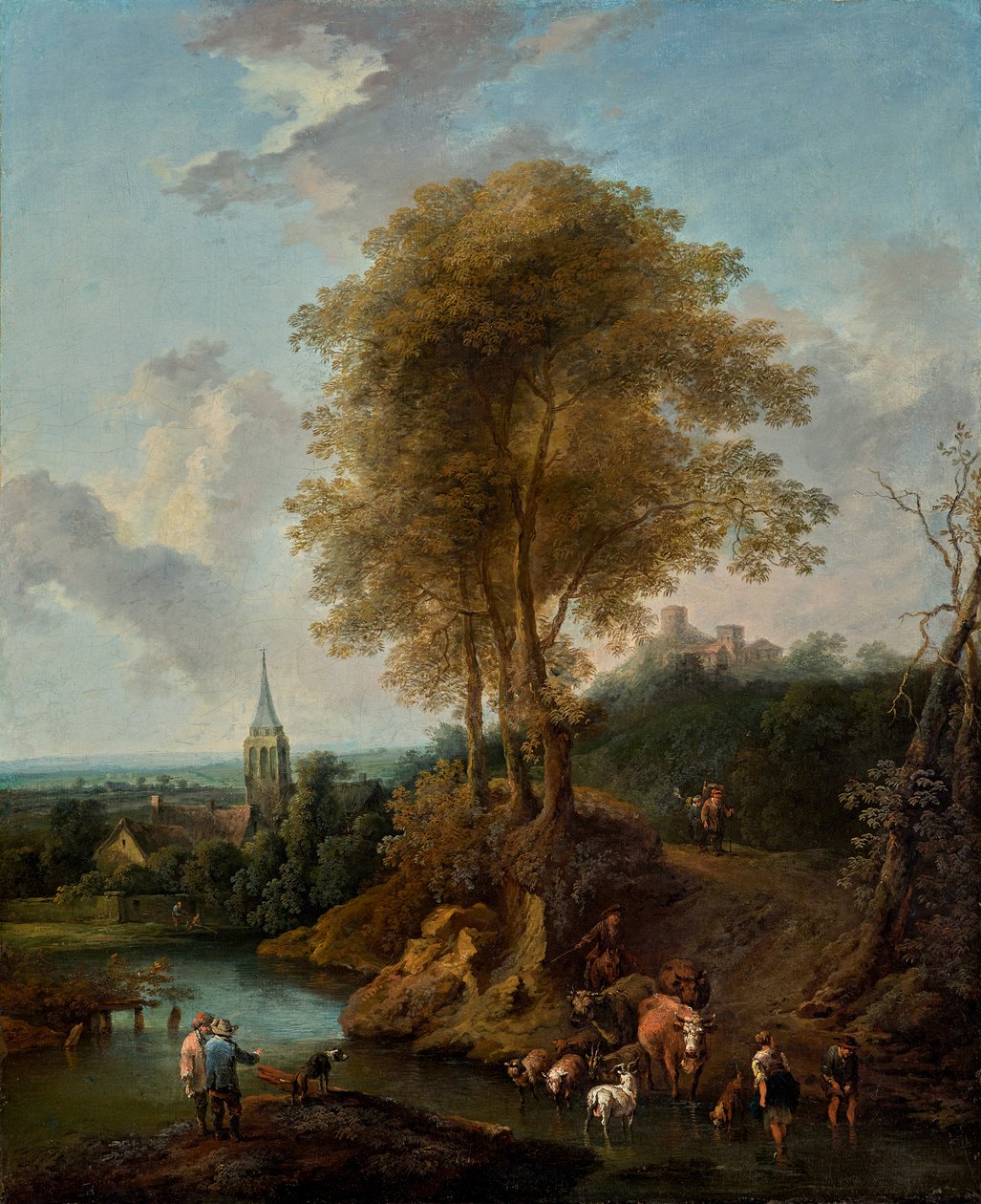 Landschap met drie bomen en kerk door Christian Hilfgott Brand