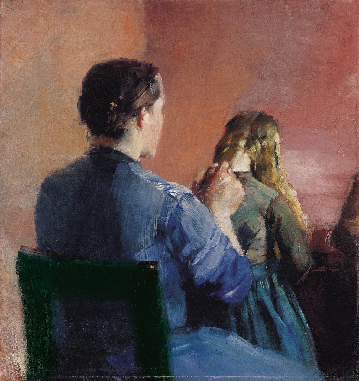 Een moeder die het haar van haar dochtertje kamt door Christian Krohg