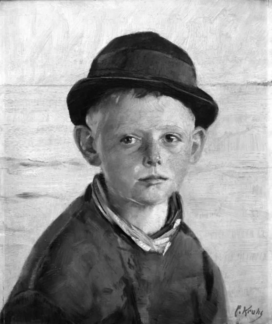 De vissersjongen aan zee, avondzon door Christian Krohg