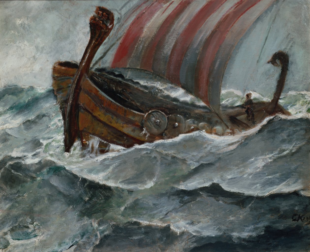 Vikingschip in slecht weer door Christian Krohg