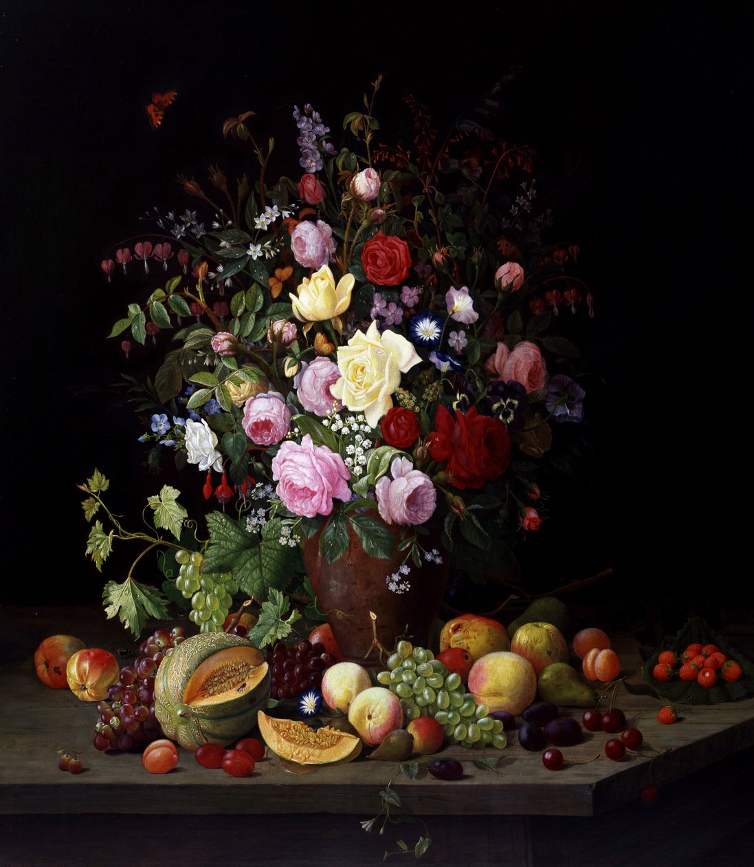Stilleven van bloemen en fruit. Schilderij van Christian Mollback (1853-1921) Privécollectie. door Christian Mollback