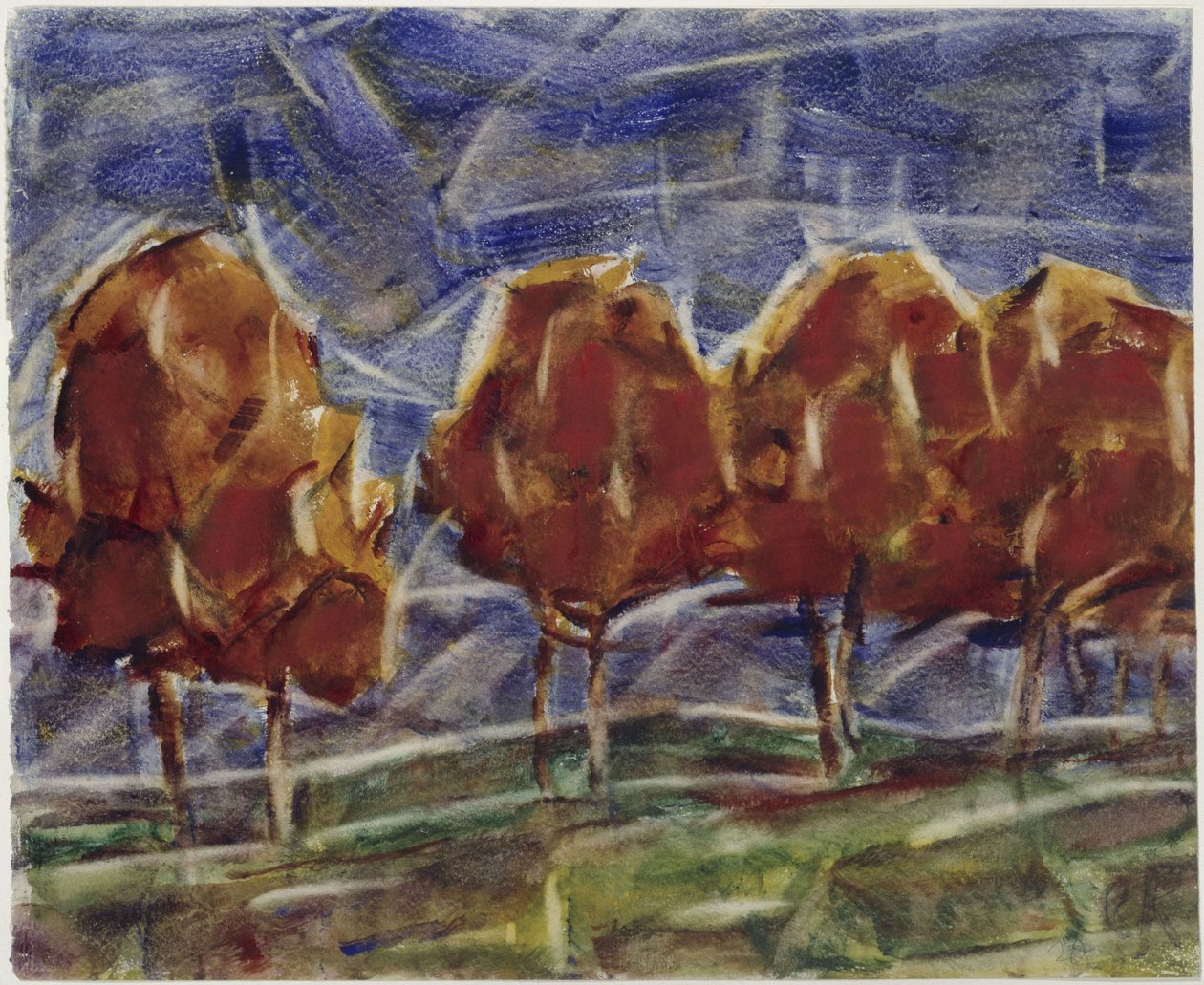 Landweg met rode bomen tegen een blauwe lucht door Christian Rohlfs