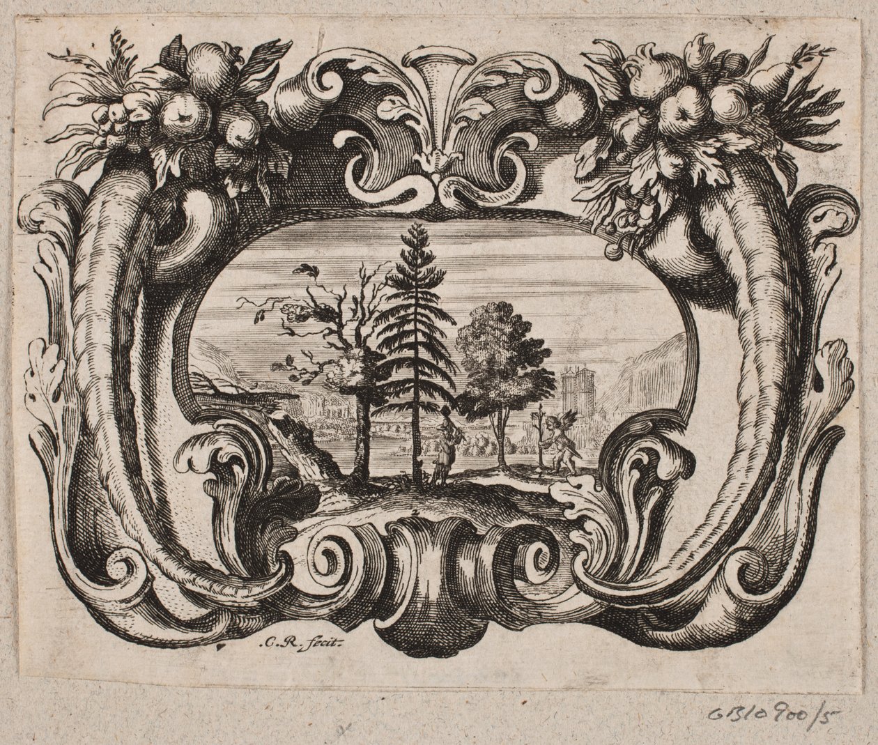 Embleem met een tuinman en een amorin die een boom plant door Christian Rothgiesser