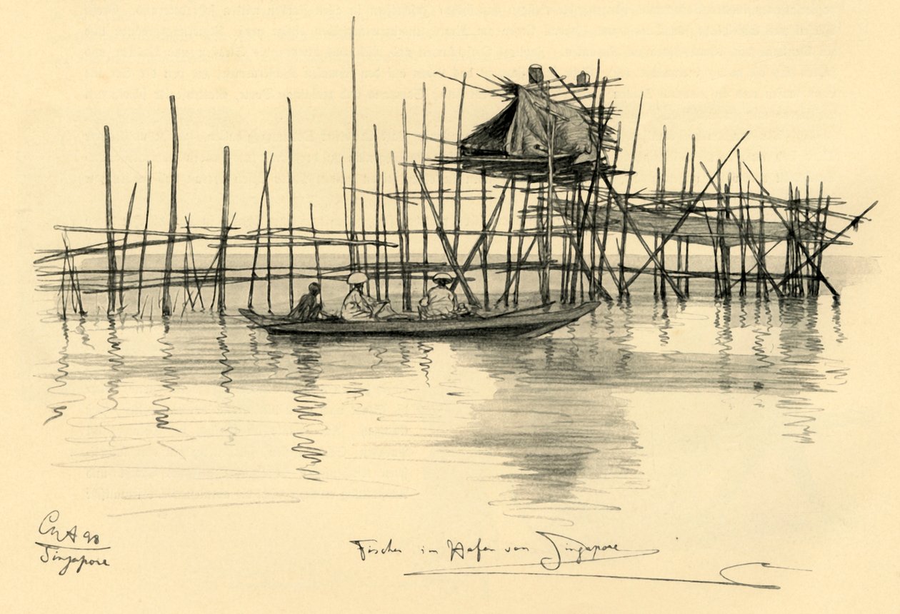 Huis op palen en vissers in de haven van Singapore door Christian Wilhelm Allers