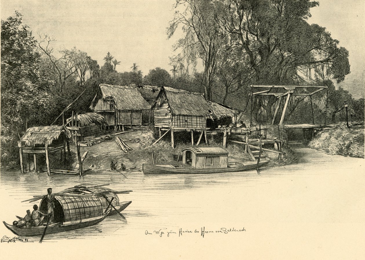 Huizen op palen, Bangkok, Siam. door Christian Wilhelm Allers