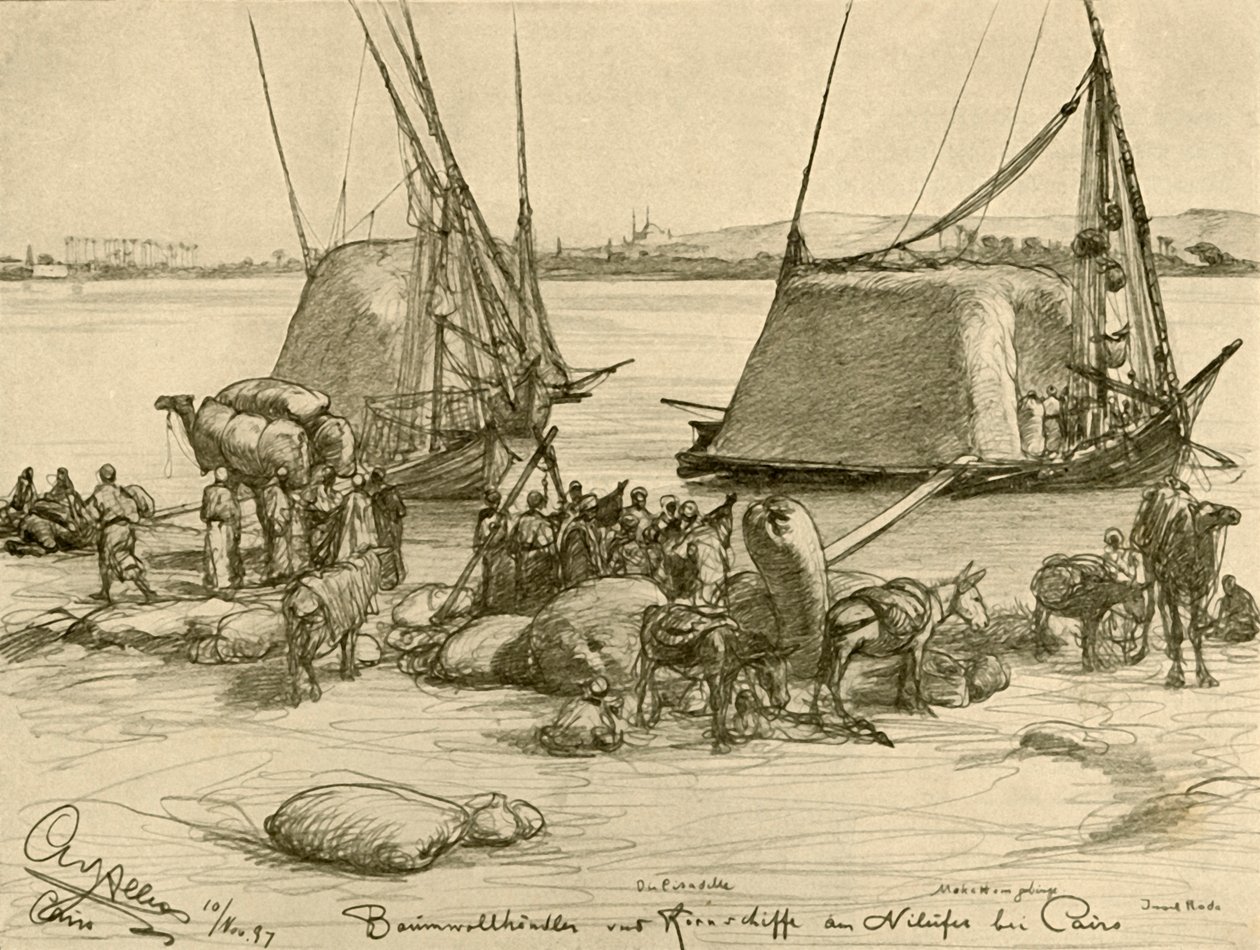 Katoen laden op graanboten, Rivier de Nijl, Caïro, Egypte, 1898 door Christian Wilhelm Allers