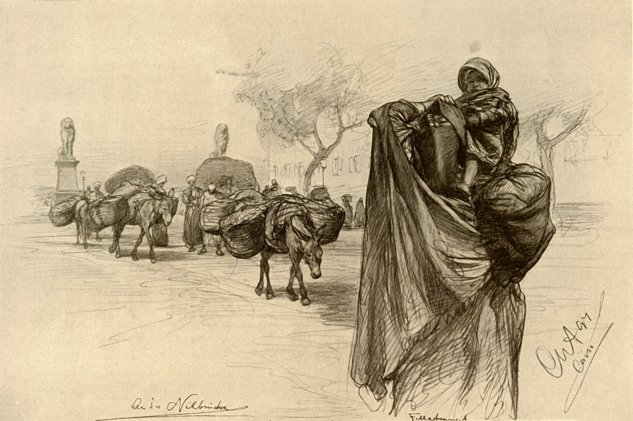 Vrouw en kind bij de Kobri el Gezira Brug, Caïro, 1898 door Christian Wilhelm Allers