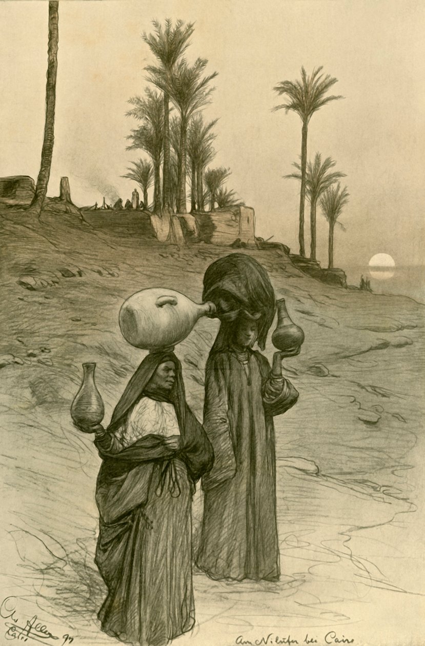 Vrouwen die waterpotten dragen aan de oevers van de Nijl, Caïro, Egypte, 1898 door Christian Wilhelm Allers