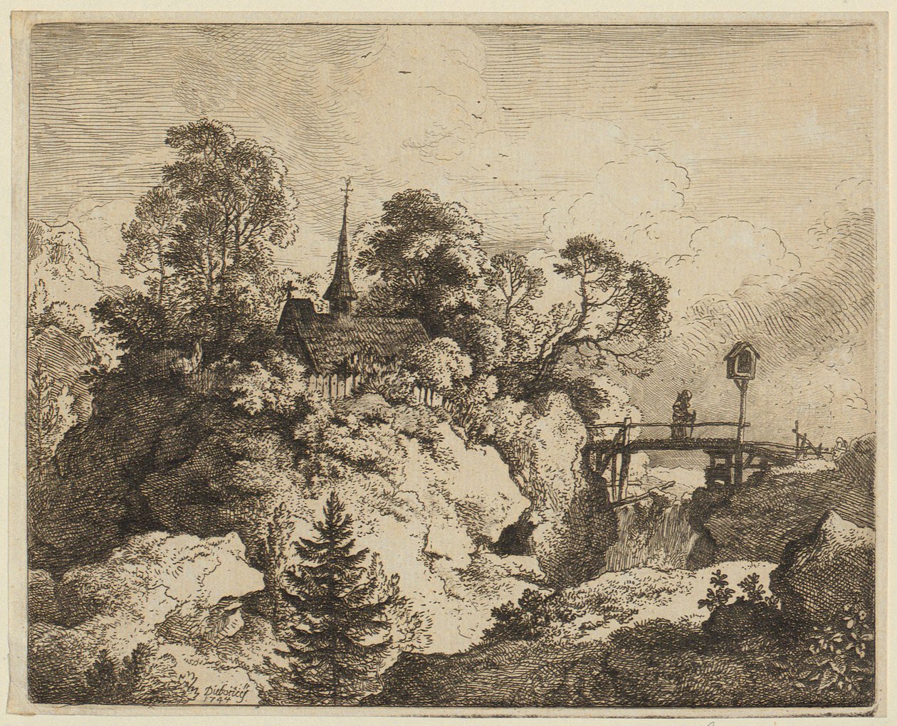 Een landschap met een kluizenaar op een brug [De kluizenaar op de brug] door Christian Wilhelm Ernst Dietrich