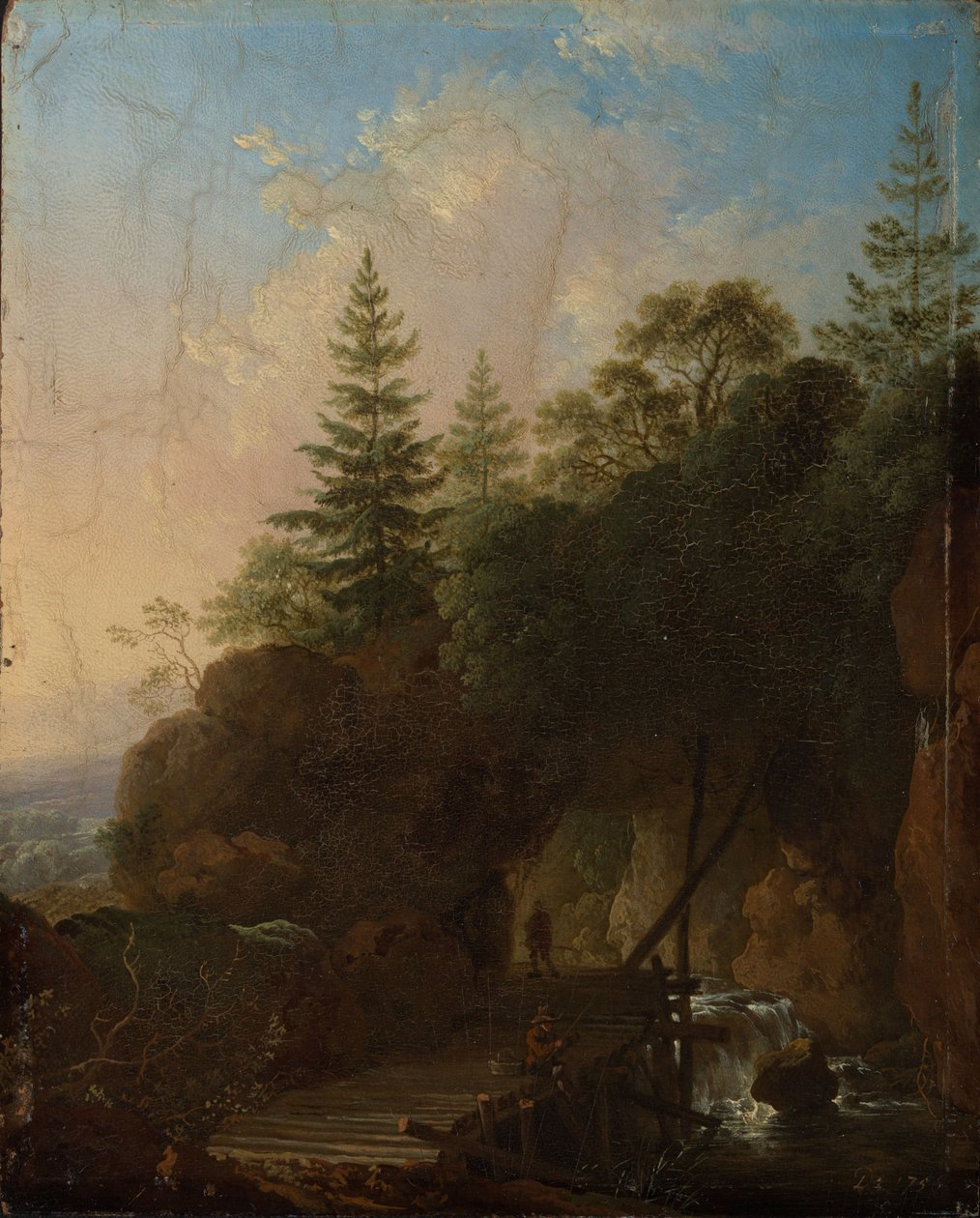 Berglandschap met waterval en houten brug door Christian Wilhelm Ernst Dietrich