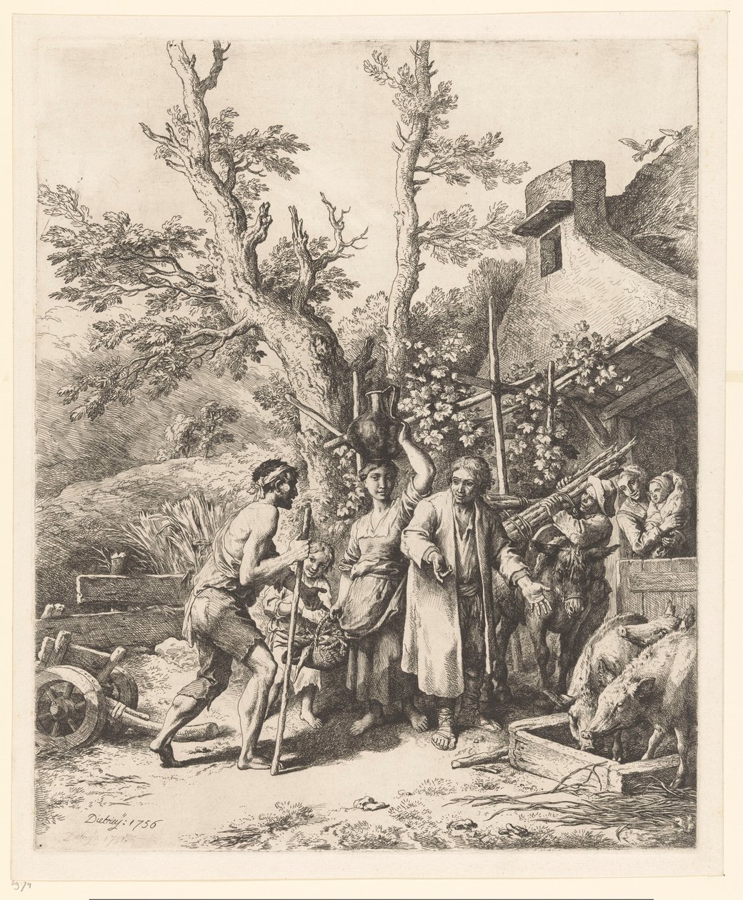 Gelijkenis van de verloren zoon; de verloren zoon vraagt een boer om werk door Christian Wilhelm Ernst Dietrich