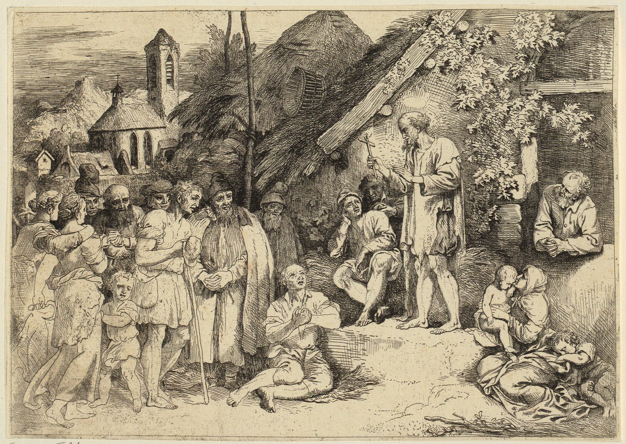 De heilige Jakobus predikt in een dorp door Christian Wilhelm Ernst Dietrich