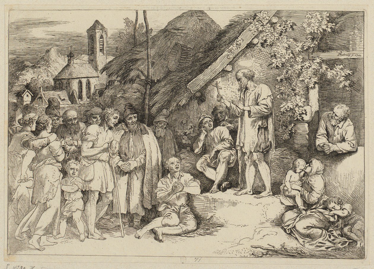 De heilige Jakob predikt in een dorp door Christian Wilhelm Ernst Dietrich