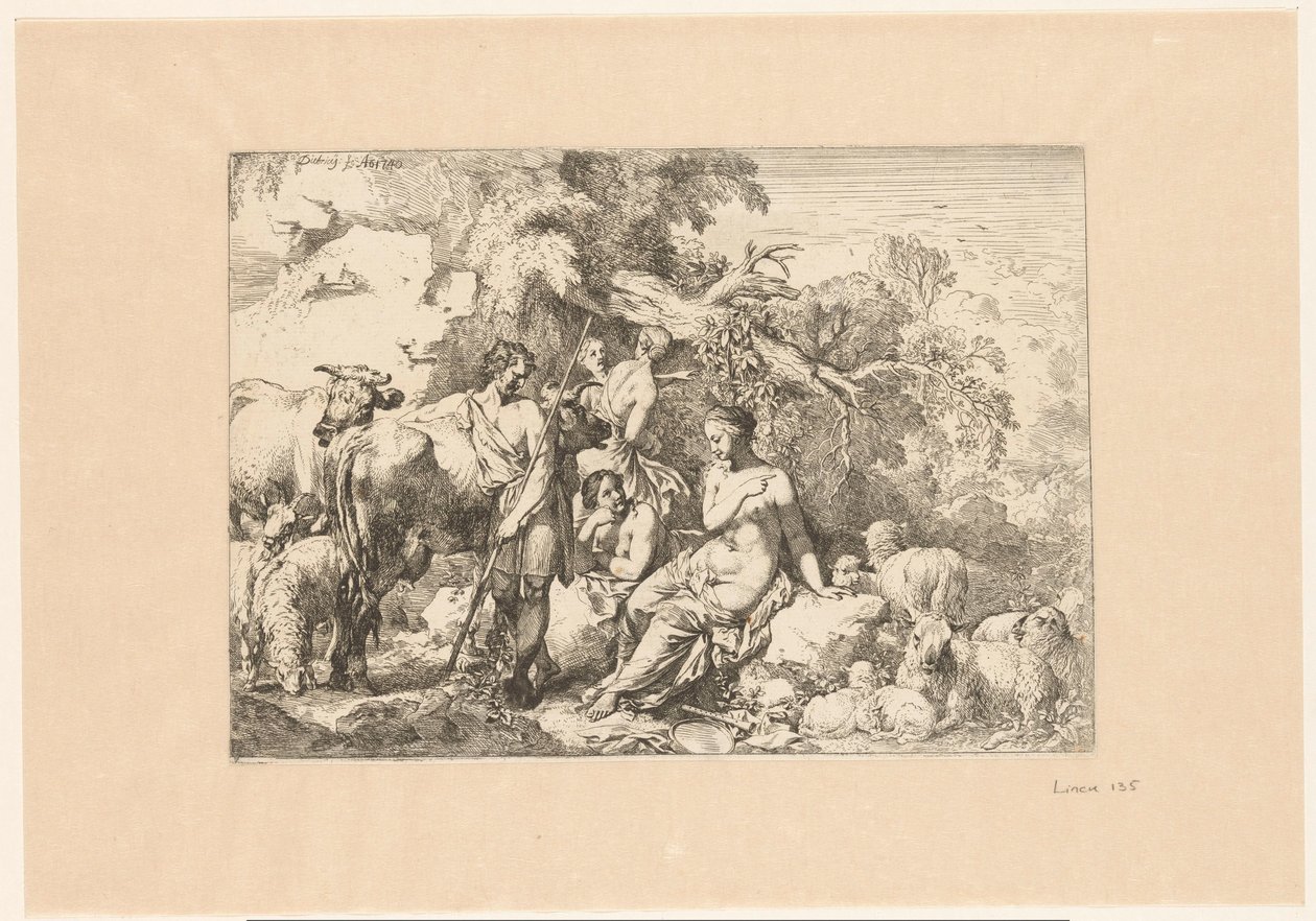 Herder met kudde en vier muzen door Christian Wilhelm Ernst Dietrich