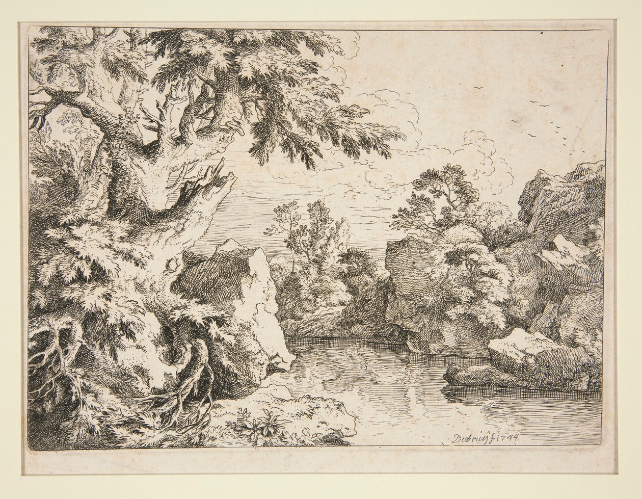 Landschap met vijver omzoomd door rotsen en bomen door Christian Wilhelm Ernst Dietrich