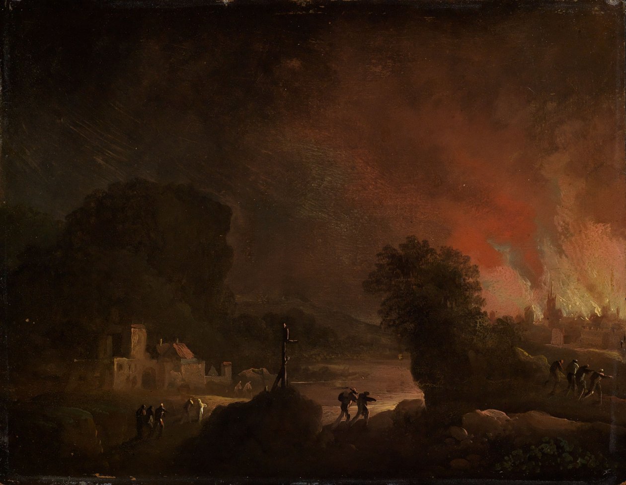 Nachtlandschap met een brandende stad door Christian Wilhelm Ernst Dietrich