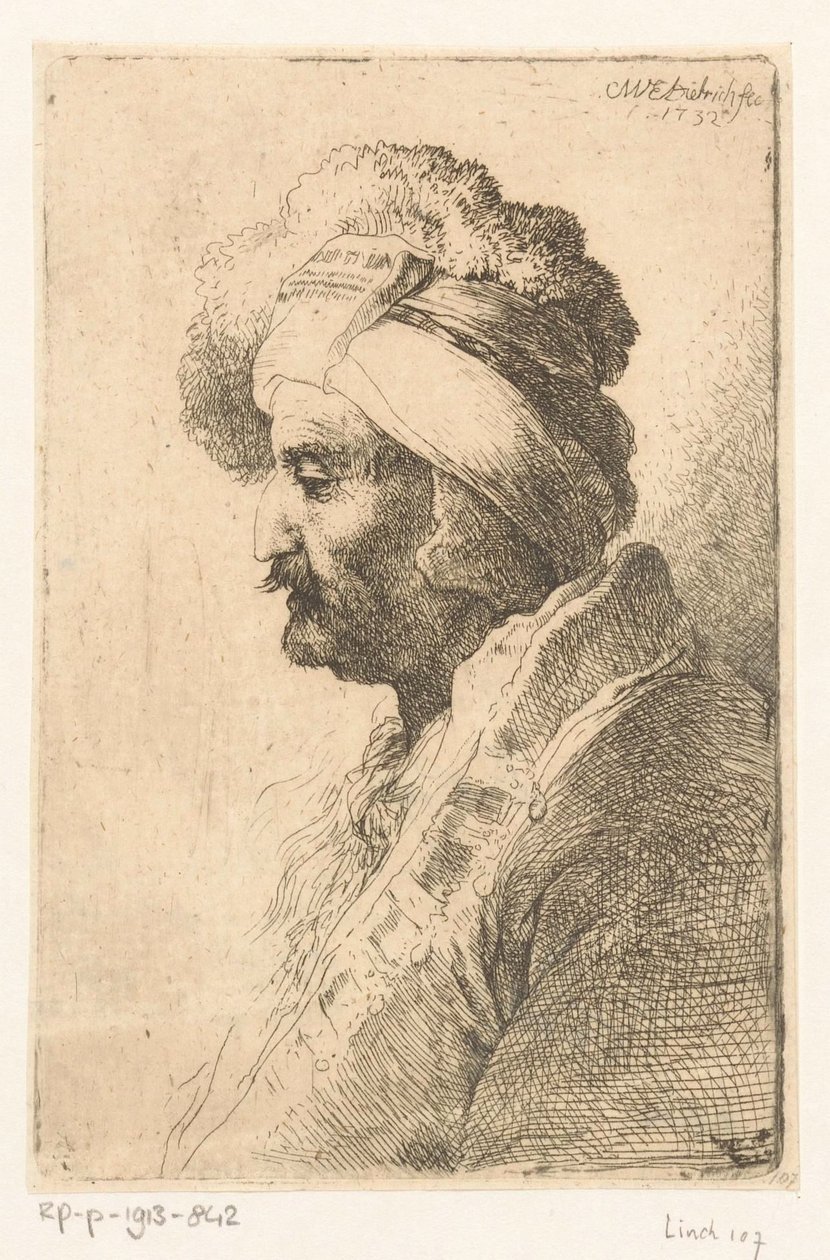 Neerkijkende man met bontmuts door Christian Wilhelm Ernst Dietrich