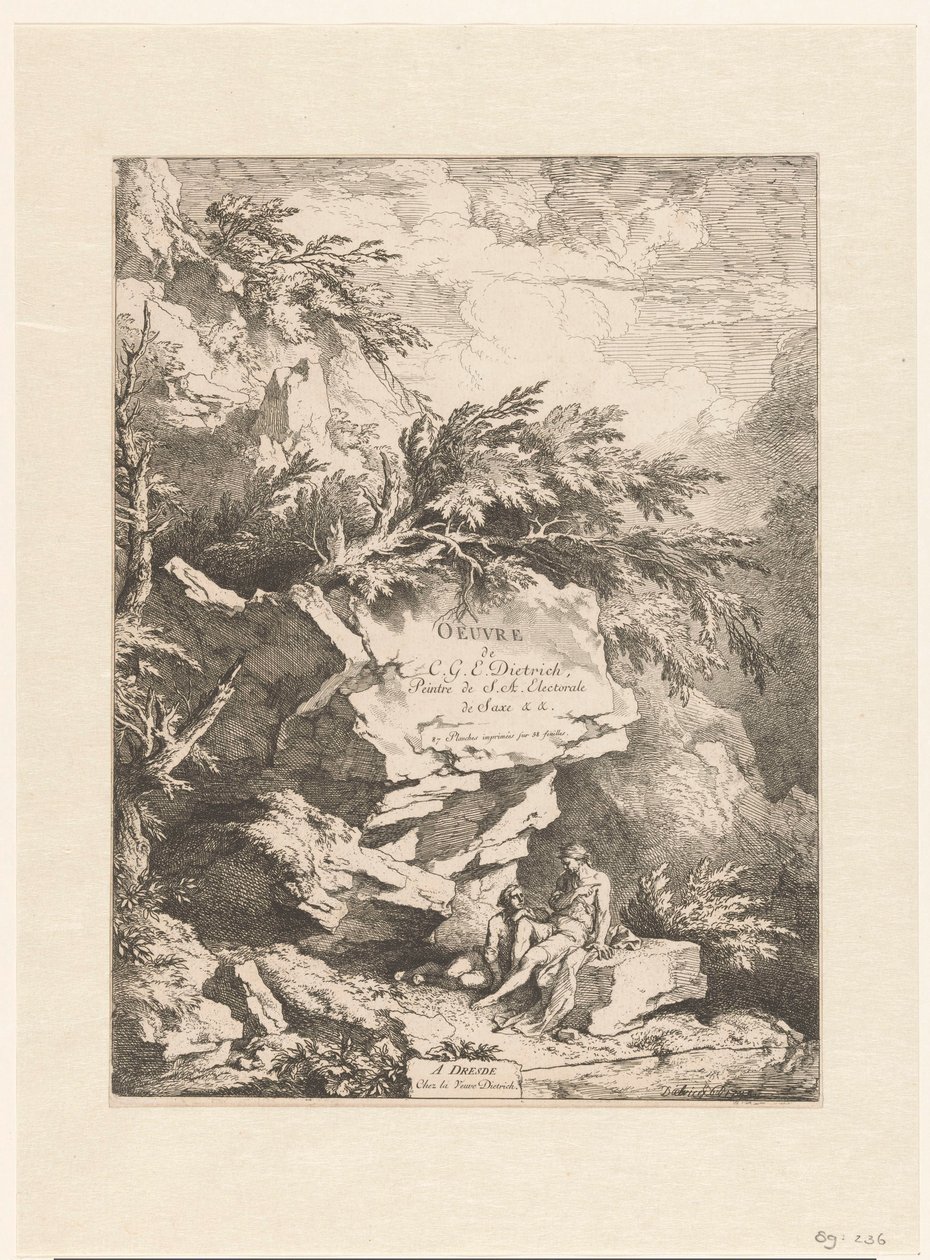 Rotslandschap met twee figuren rustend op een steen door Christian Wilhelm Ernst Dietrich