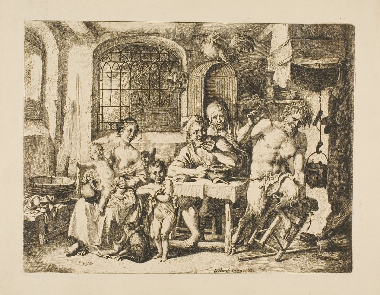 Satyr in een boerenhuis, in de stijl van Jordaens door Christian Wilhelm Ernst Dietrich