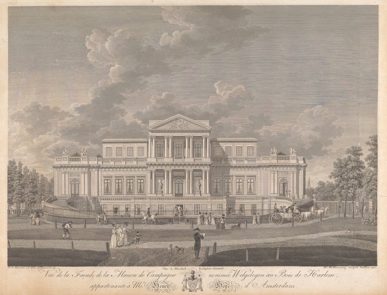 Welgelegen: Vue de la Facade de la Maison de Campagne nommee Welgelegen au Bois de Harlem, Appartenante a Mr. Henry Hope d