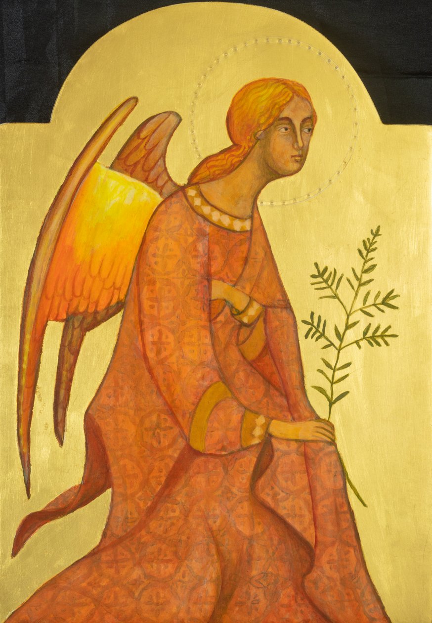 Aartsengel Gabriël, 2019 (eitempera, bladgoud, hout) door Christine Hales
