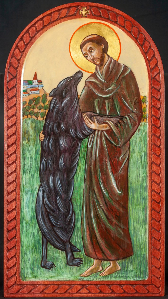 Franciscus en de wolf, 2004 (eitempera, hout, bladgoud) door Christine Hales